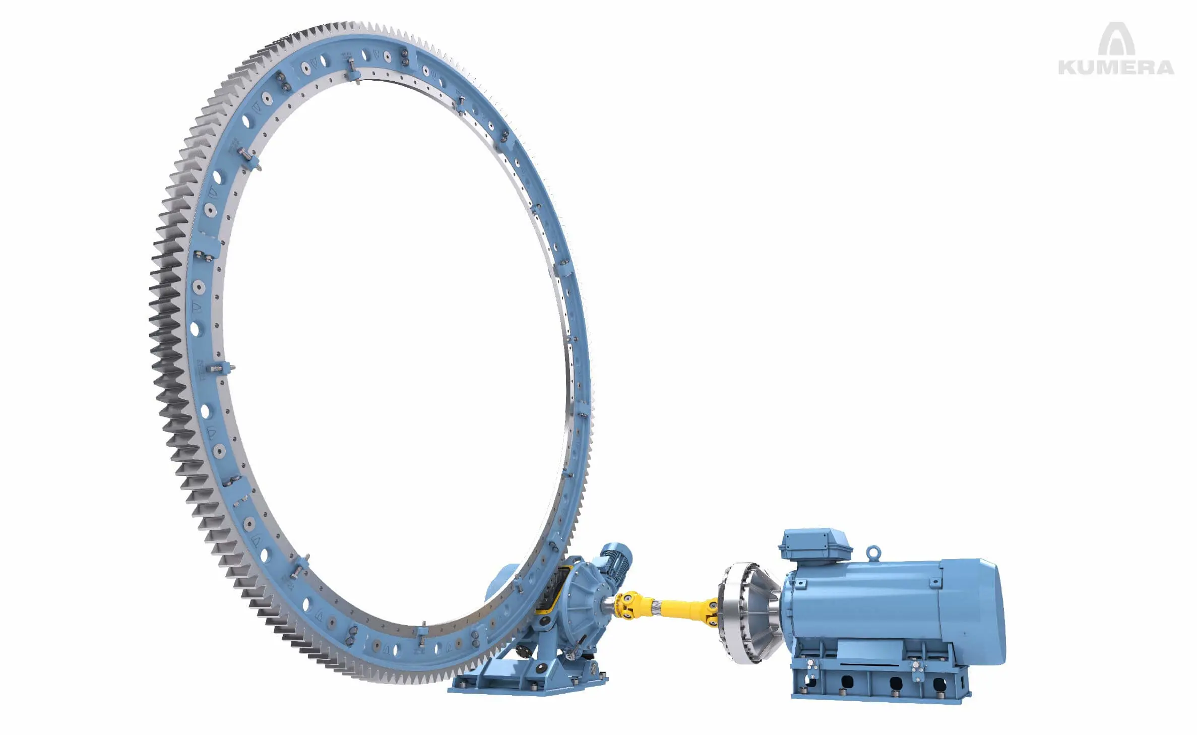 Kumera Girth Gears for Drum Drives. Kumera girth gear can be single or double pinion driven. Pinions are manufactured as a single part with an integrated shaft; however, the pinion can be separated and mounted on a separate shaft, supported by bearings, or, on the output shaft of the main gear unit.